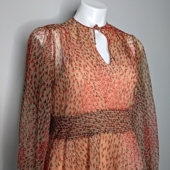 Vintage Liz Roberts peach floral tie neck dress 8 - Picture 2 of 8